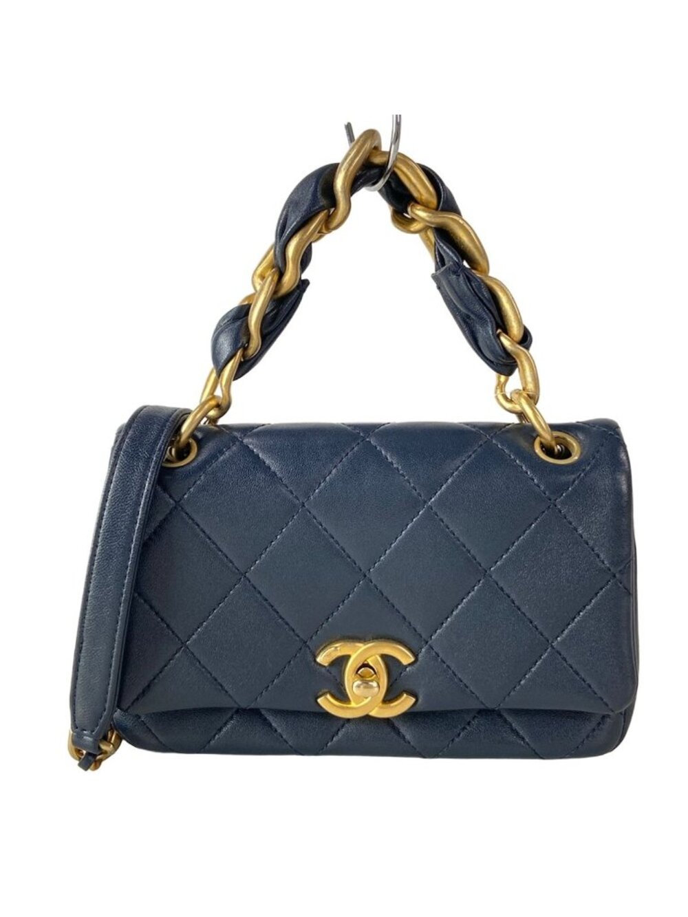Chanel Shoulder Bag Mini Quilted Dark Navy 2-Way Chain Top Handle Vintage Gold